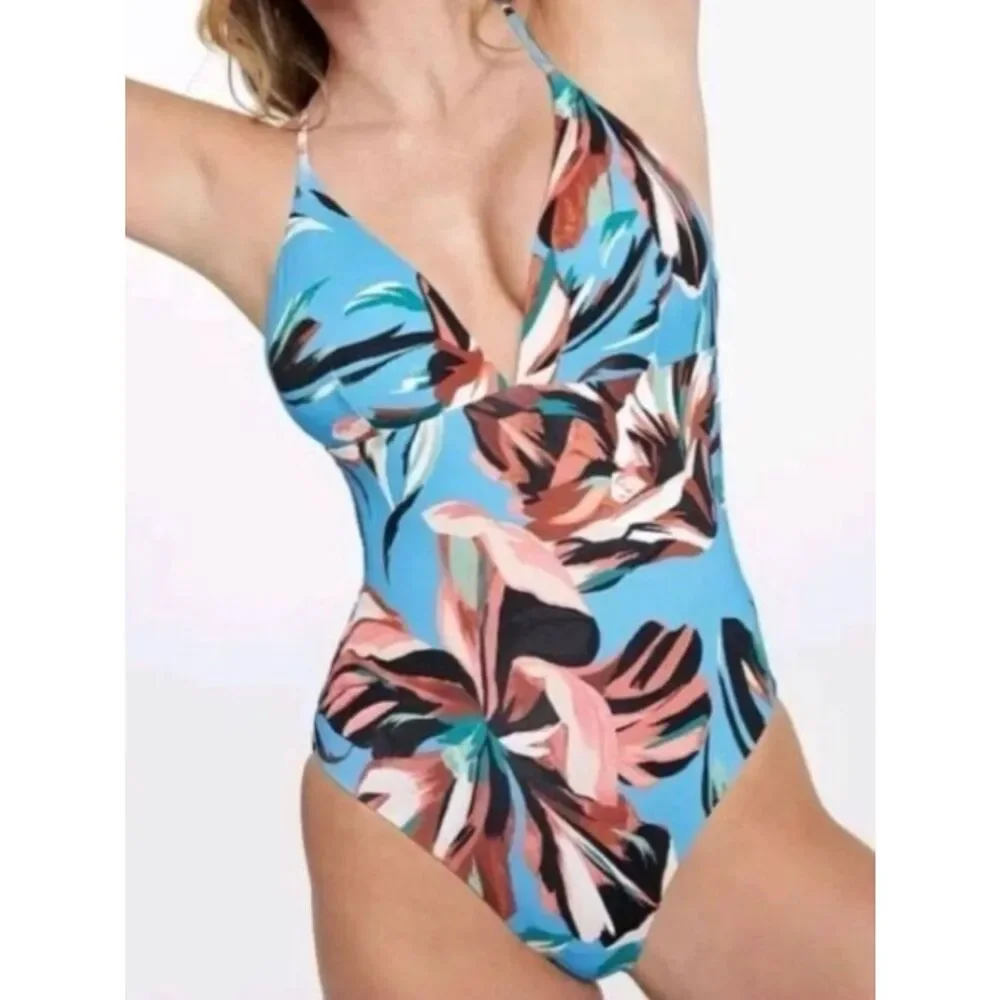🆕 CALIA Tranquil Floral Blue Triangle Strappy Back One Piece Swimsuit Size 16